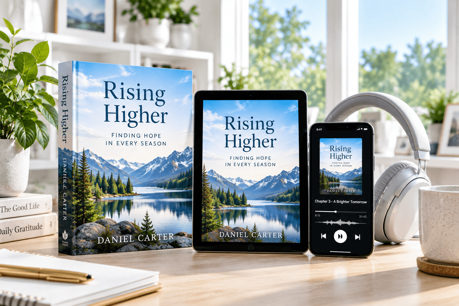 Rising Higher playing as an audiobook on a phone, beside headphones and the eBook