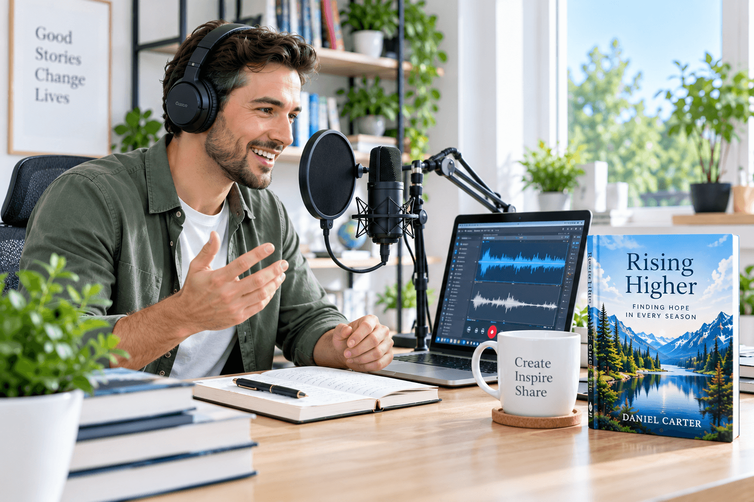 A narrator in headphones recording an audiobook at a microphone