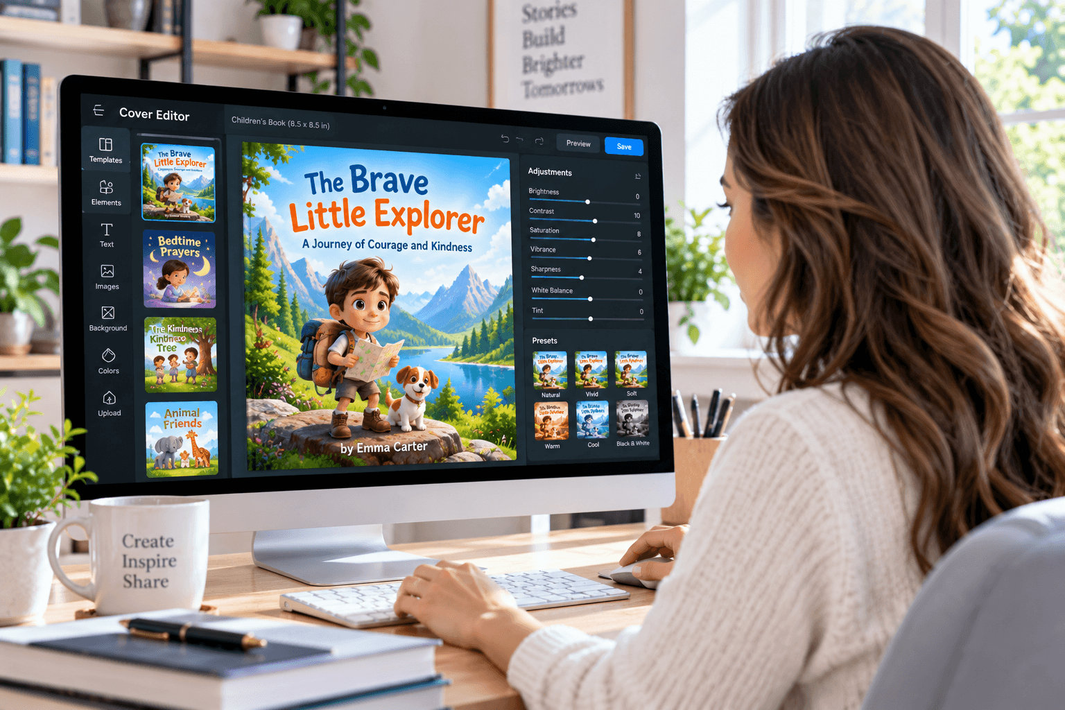 An author designing a children's book cover in the Cover Editor