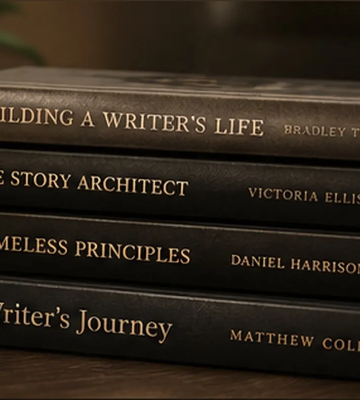 A stack of finished books on a writer's desk
